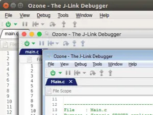 The image displays the Ozone software interface, specifically the J-Link Debugger. The main window shows a code file named "Main.c" with lines of code visible, alongside menu options for File, View, Debug, Tools, and Help.