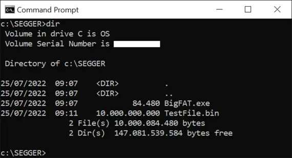 A command prompt window displaying a directory listing of the "SEGGER" folder on the C: drive. It shows two files: "BigFAT.exe" and "TestFile.bin," along with their sizes. The total available space and the number of directories are also noted.