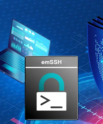 An abstract background features a blue color scheme with digital elements like a laptop displaying data graphs. The main focus is on an emSSH logo, which includes an unlocked padlock symbol over a command prompt icon, indicating a secure connection or remote access.