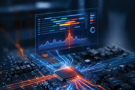 A close-up of a computer circuit board featuring a central microchip surrounded by colorful, glowing lines representing data flow. Above the chip, a transparent screen displays various data graphs and indicators, symbolizing technology and digital analysis.