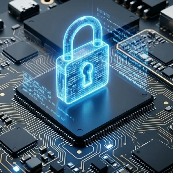 Security by design & product lifecycle An abstract digital representation of a padlock appears over a detailed circuit board, symbolizing cybersecurity. The circuit board features microchips, capacitors, and connections, illuminated with blue lights, emphasizing a theme of technological security and data protection.