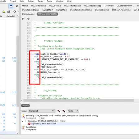 The image displays a programming code snippet, focusing on the definition of the `SysTick_Handler` function. It includes conditional compilation directives and error messages related to building a solution in a development environment. The context relates to a hardware timer exception handler.