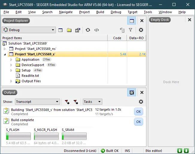 A software development environment window displaying a project named "Start_LPC5569." The Project Explorer lists files and folders, including "Application," "DeviceSupport," and "Output Files." The Output section shows the build process details, indicating a successful completion with targets and file sizes.