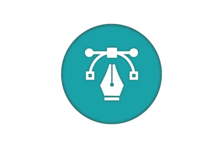 A design icon depicting a pen nib with control points and paths, set against a turquoise circular background. The image represents graphic design or vector illustration concepts.