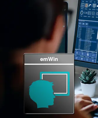 A person is using a computer with a focus on a software interface labeled "emWin." The interface features an icon of a head silhouette alongside a monitor outline. A small potted plant is visible on the desk, adding a personal touch to the workspace.