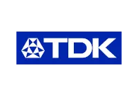 Logo of TDK, featuring the letters "TDK" in white on a blue background, accompanied by a geometric symbol resembling a star or abstract shapes, representing the company's focus on electronics and technology.