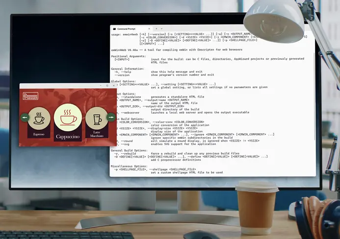 A computer monitor displays a command prompt alongside a graphical interface featuring three options: Espresso, Cappuccino, and Latte Macchiato, accompanied by icons of coffee cups. The interface is part of a tool for building web content, with tools visible in the command window.