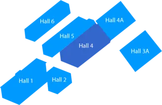 A layout diagram of various halls identified by numbers and letters. Hall 4 is highlighted in blue, surrounded by Halls 3A, 4A, 5, and 6, as well as Halls 1 and 2. The arrangement is abstract, emphasizing hall locations in relation to each other.