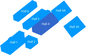 A layout diagram of various halls identified by numbers and letters. Hall 4 is highlighted in blue, surrounded by Halls 3A, 4A, 5, and 6, as well as Halls 1 and 2. The arrangement is abstract, emphasizing hall locations in relation to each other.