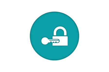 A circular teal icon featuring a white padlock with a key inserted into it. The design symbolizes security and access, representing the concept of locking or unlocking information.