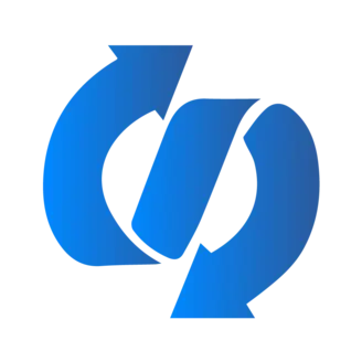 A stylized blue logo featuring two arrows forming a circular motion around a central shape, symbolizing recycling, renewal, or interchange. The design emphasizes fluidity and movement, conveying a message of continuous cycle or change.