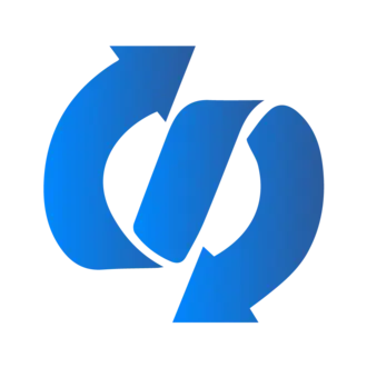 A stylized blue logo featuring two arrows forming a circular motion around a central shape, symbolizing recycling, renewal, or interchange. The design emphasizes fluidity and movement, conveying a message of continuous cycle or change.