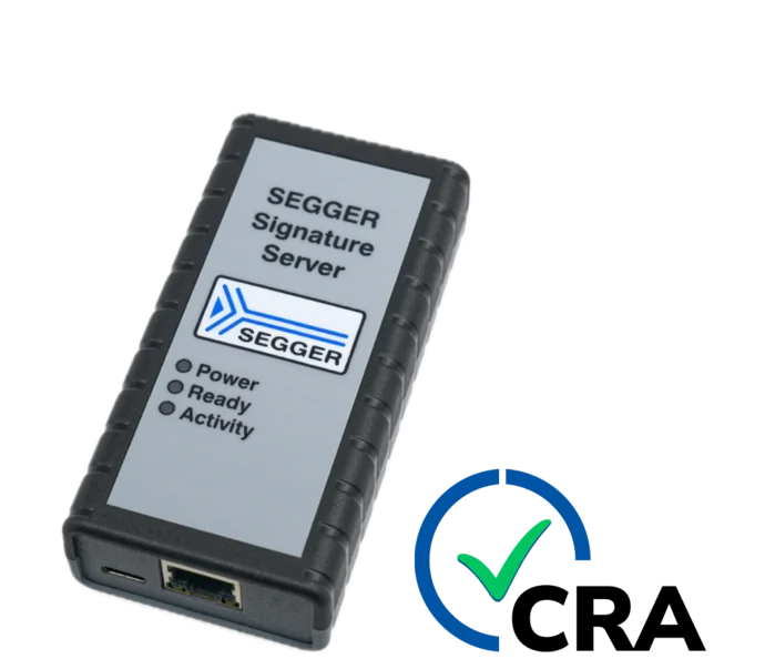 A SEGGER Signature Server device is shown, featuring indicator lights for power, readiness, and activity. The device has a rectangular shape with a textured surface. Next to it is a logo with a checkmark and the letters "CRA."