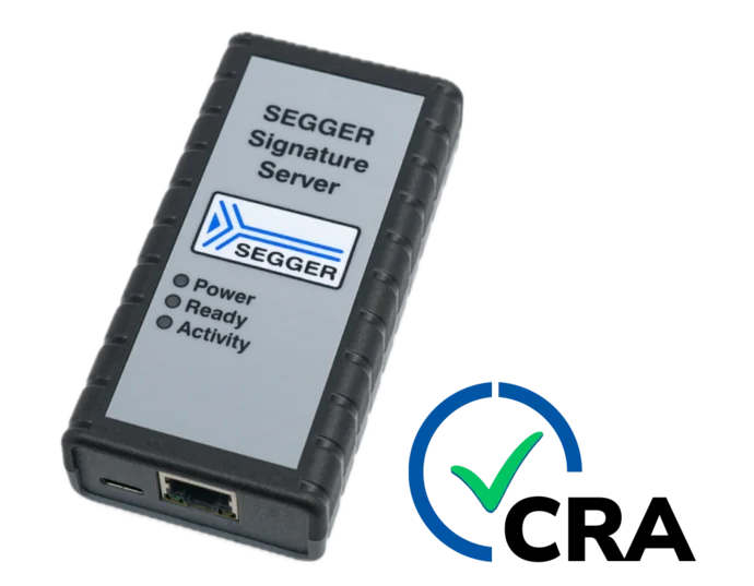 A SEGGER Signature Server device is shown, featuring indicator lights for power, readiness, and activity. The device has a rectangular shape with a textured surface. Next to it is a logo with a checkmark and the letters "CRA."