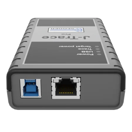 A gray device with labeled ports, including a blue USB port and an Ethernet port, positioned on one side. The device features a logo and indicators for power and targeting functions.