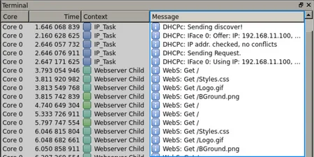 Text-based terminal output showing log entries related to network tasks. Key messages include DHCP inquiries and web server requests for specific files like stylesheets and images. The context includes IP and webserver tasks with timestamps indicating execution order.