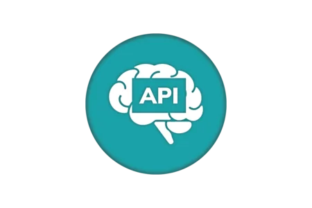 A circular teal icon featuring a stylized white brain with the text "API" inside a rectangular box, symbolizing the connection between brain functions and application programming interfaces.