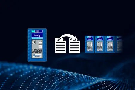 An image of a blue device labeled "Flasher Portable PLUS" displaying a status of "Ready." Next to it, there is an illustration of two documents with arrows, indicating data transfer or programming. The background has a dark, abstract design with light dots suggesting digital technology.