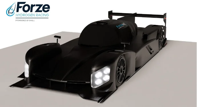 A sleek, futuristic racing car designed for hydrogen fuel, featuring a streamlined body and prominent headlights. The car is presented from a front angle, showcasing its aerodynamic shape and distinctive branding for Forze Hydrogen Racing, which is sponsored by Shell.
