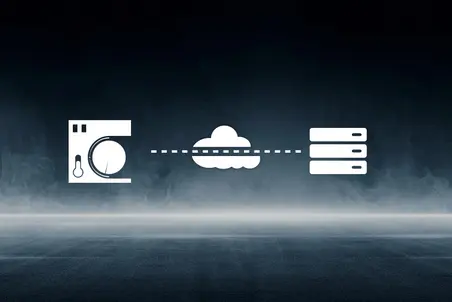 The image features a washing machine icon on the left, connected by a dashed line to a cloud icon in the center, which then connects to a server icon on the right. This represents a network connection between smart appliances and cloud-based services.