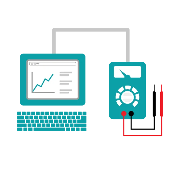 An illustration features a computer with a line graph on the screen, connected by a cable to a multimeter. The multimeter has a dial and probes attached. The overall theme suggests a relationship between data analysis and measurement tools.