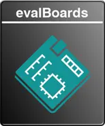 An illustration of a printed circuit board design in teal on a dark background. The board features a microchip symbol and various components, suggesting it represents evaluation boards used for testing and development in electronics. The text "evalBoards" is displayed at the top.