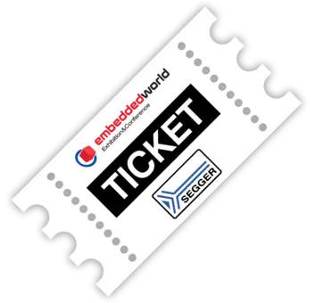 Header Element embedded world Graphics of a stylized ticket with the embedded world and SEGGER logo, in the middle the lettering Ticket in white on black