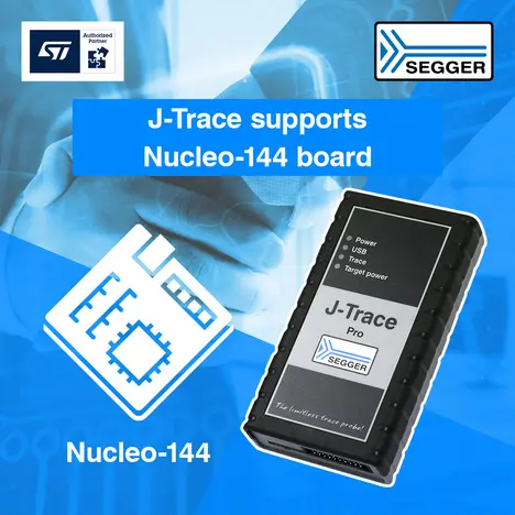 The image displays a J-Trace Pro device, which supports the Nucleo-144 board. The device features labels for Power, USB, Trace, and Target power. There is also an illustration of a microcontroller board beneath the device, emphasizing its compatibility. The background includes a hand holding a connector.