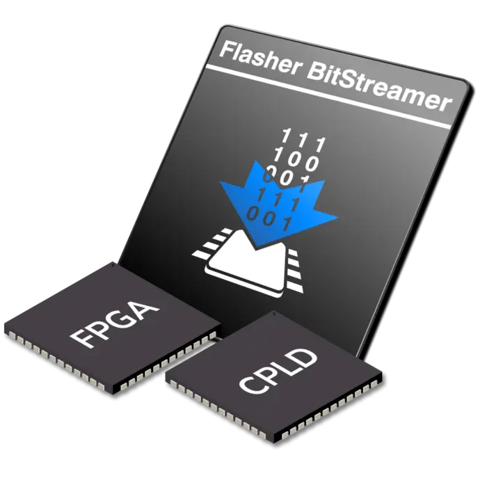 Illustration of a Flasher BitStreamer device with binary code flowing downward into a central chip. Two additional chips labeled "FPGA" and "CPLD" are positioned to the left and right. This image represents a programming or configuration tool for digital circuits.