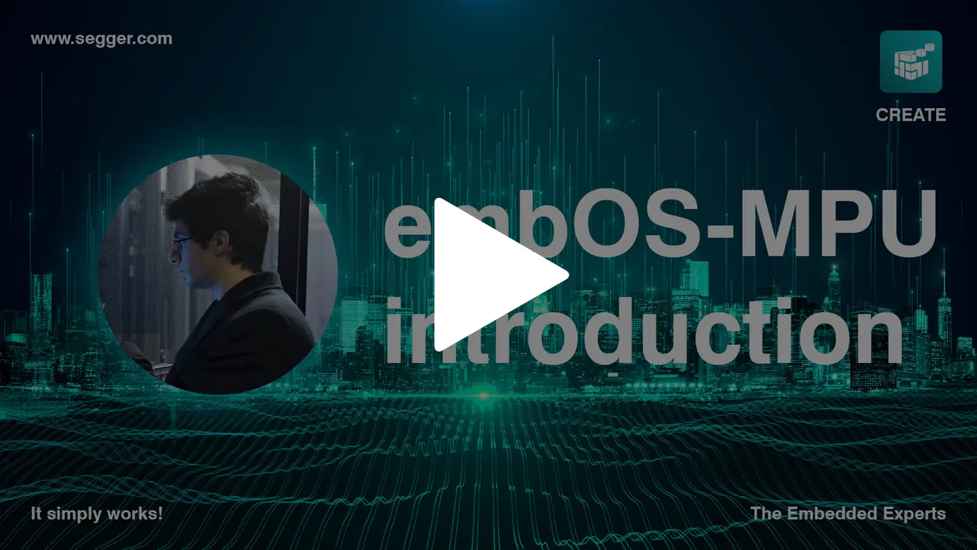 A young man is focused on a device, surrounded by a digital background featuring city skyline silhouettes. The text "embOS-MPU introduction" is prominently displayed, accompanied by a play button. A slogan at the bottom reads, "It simply works!"