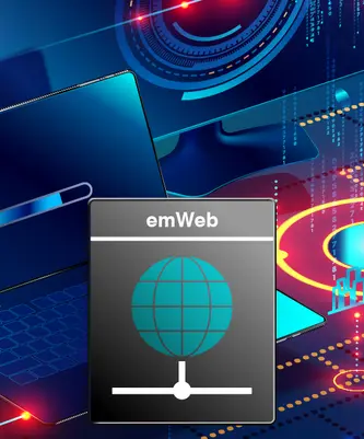 A digital design featuring a dark panel labeled "emWeb" displaying a globe icon, set against a colorful, technological background with abstract patterns, lines, and data elements. The image conveys a theme of web connectivity and technology.