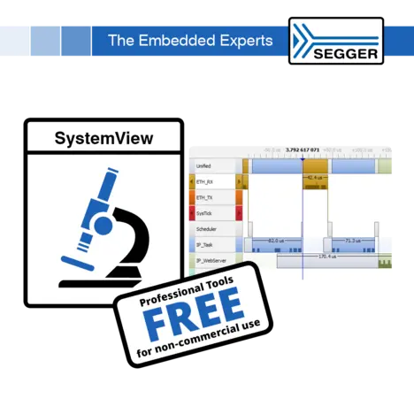 This image promotes "SystemView" by SEGGER, featuring a microscope icon representing analysis or monitoring tools. It includes a detailed graphical interface displaying timing metrics and task scheduling information. A banner highlights that professional tools are available free for non-commercial use.