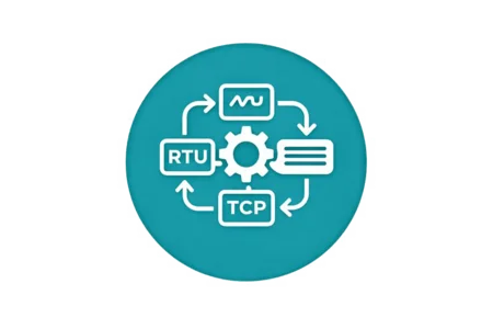 A circular graphic with a central gear symbol surrounded by labeled arrows indicating connections between RTU, TCP, and data flow. The image represents a process involving data communication and system integration in a technical context.