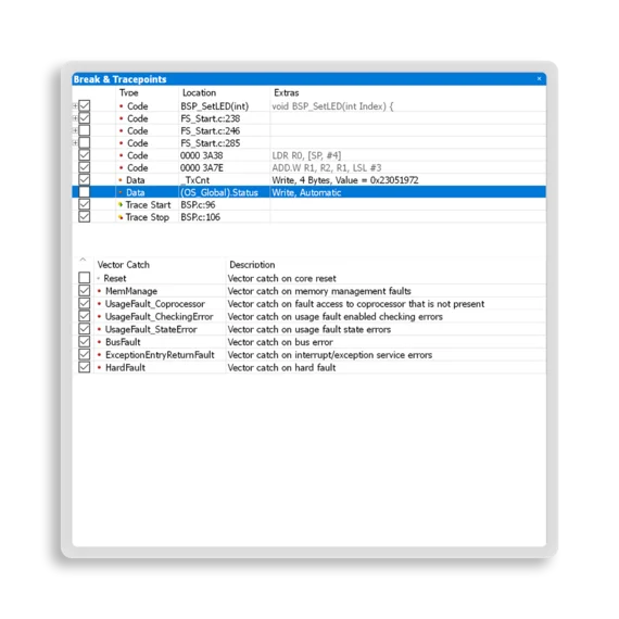 The image shows a software interface displaying debugging information. It lists various code types, locations, and descriptions for error handling, including memory management faults and bus errors, along with a section for vector catches related to system faults.