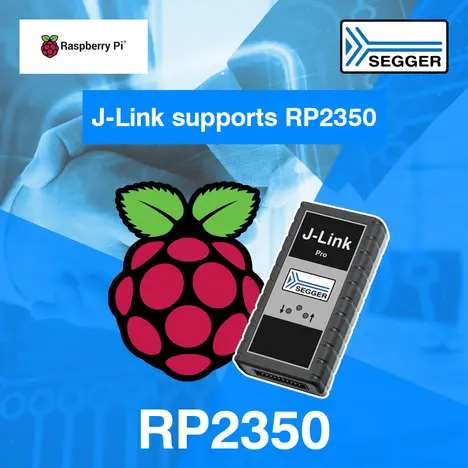 News graphic: Raspberry (left), black SEGGER J-Link (right)