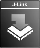 A dark gray square featuring a stylized white icon of a microchip with an arrow pointing downwards. Above the icon, the text "J-Link" is prominently displayed in white.