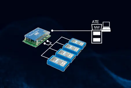 An illustrated diagram shows a central device labeled "Flasher Hub-4," connected to multiple smaller devices labeled "Flasher." Lines connect these devices to an Automated Test Equipment (ATE) system, indicating a network setup for device communication and testing.