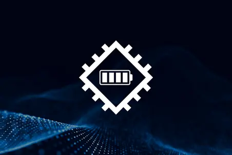 A stylized graphic features a central battery icon within a diamond shape, surrounded by a circuit-like design. The background is dark, giving emphasis to the white symbols, suggesting a focus on energy or technology related to power management.