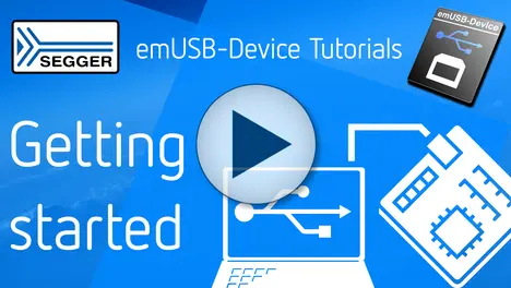 An instructional graphic featuring the title "Getting Started" for emUSB-Device tutorials. A play button symbolizes video content. Illustrative icons depict a laptop connecting to a circuit board, emphasizing a focus on USB device integration. Background is a gradient of blue.