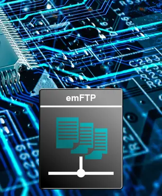 An abstract background of circuit board graphics with blue lines and a central microchip. Overlaid is a black icon labeled "emFTP," featuring stylized representations of documents connected by a line, indicating file transfer or data management.