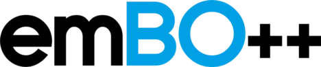 Logo for emBO++, featuring the text "emBO" in black and "++" in blue. The design emphasizes a modern and dynamic style.