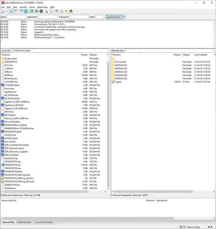 The image displays a screenshot of a FileZilla interface showing two file directories. The left side lists local files and folders, including various HEX and JFLASH files. The right side lists remote site files, including folders and a text file. The connection status indicates success.