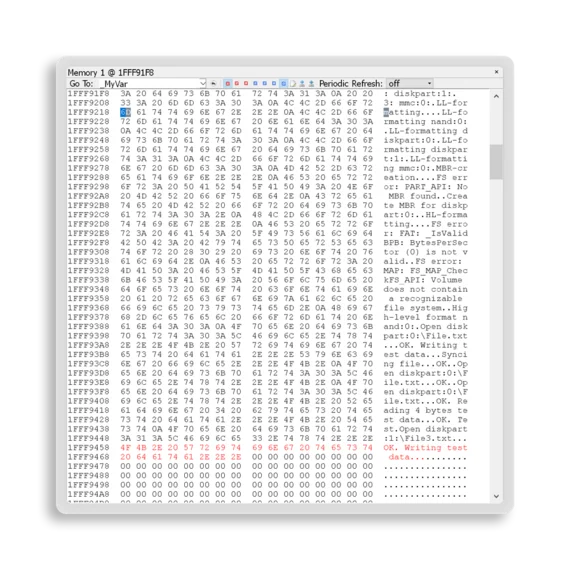 The image displays a computer memory editor interface, showing hexadecimal values and raw data in a grid format. It includes text related to disk operations and file management, indicating processes like writing and formatting. The interface presents technical information in a structured layout.