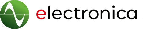 Logo of Electronica featuring a green circular element with a white sine wave inside, followed by the word "electronica" where the "e" is in red and the rest of the text is in white.