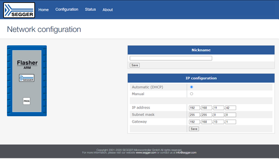 Screenshot showing network configuration of Flasher PRO via web server