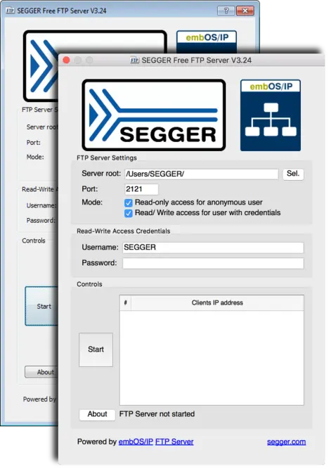 Screenshot of SEGGER Free FTP Server software interface displaying server settings. It includes fields for server root, port, mode selection for access levels, and user credentials. The 'Start' button and status indicators are also visible, along with the application logo.