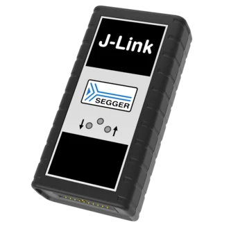 Image of a J-Link debugging device from SEGGER. The device has a rectangular shape with a black casing and a silver panel featuring the "J-Link" logo and SEGGER branding. It includes several buttons and indicators for user interaction.