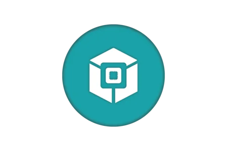 A teal circular icon featuring a white stylized cube with an inner square and small square detail, suggesting a tech or digital theme.