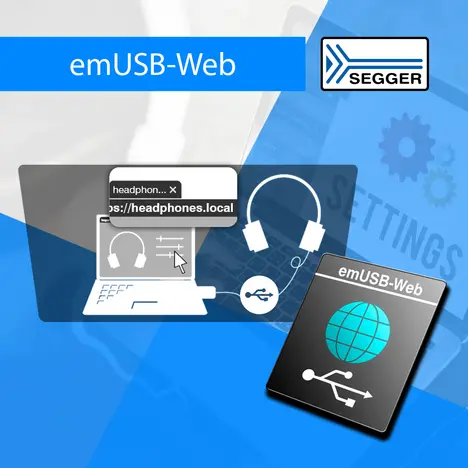 emUSB-Web emUSB-Web icon, opened laptop with headphones connected via USB
