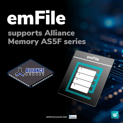 Text on the image promotes "emFile," highlighting its support for the Alliance Memory AS5F series. An illustration of a microchip with the "Alliance Memory" logo is displayed alongside a graphic representation of "emFile." The background features a pattern resembling circuit connections.